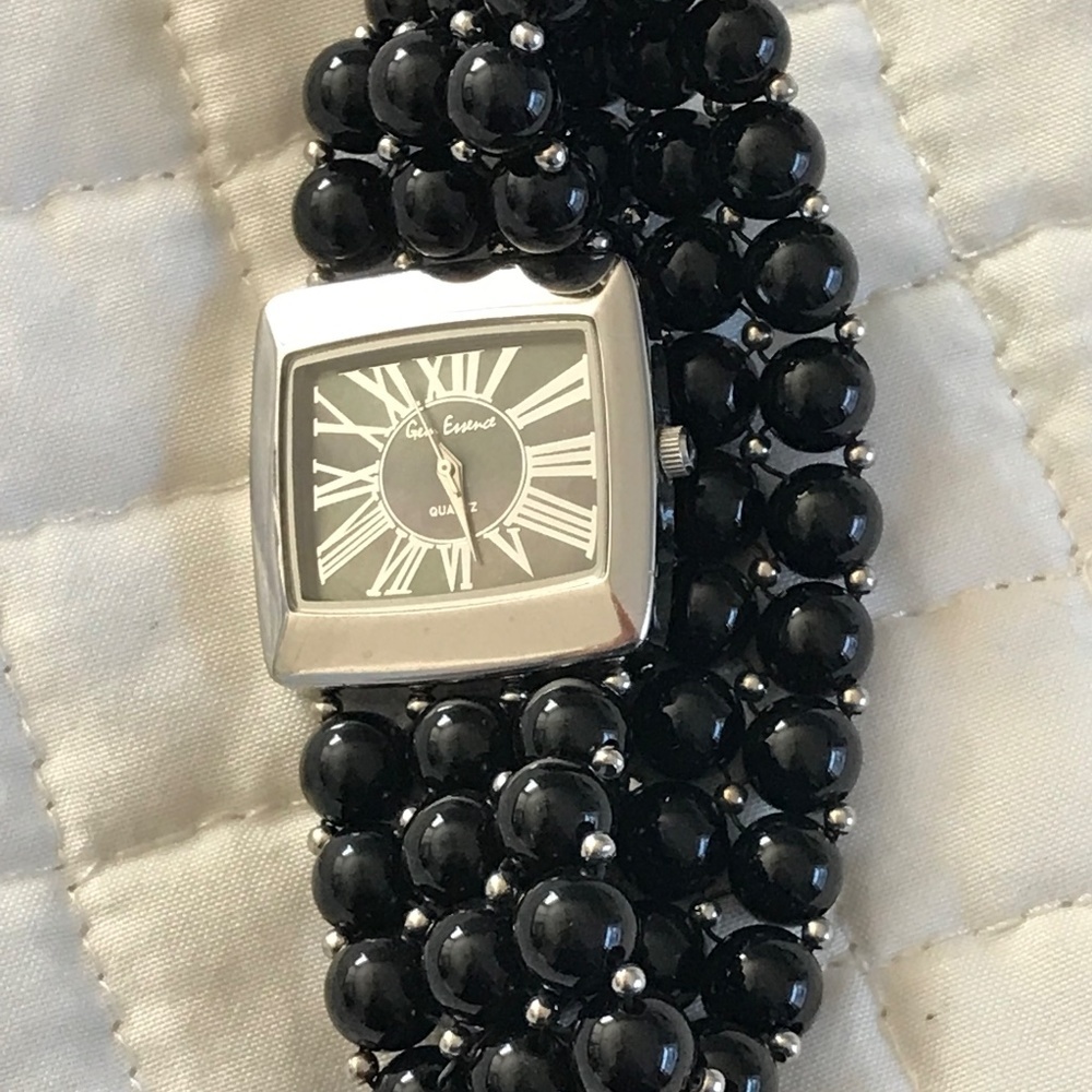 Beaded Onyx Stretch Bracelet Watch